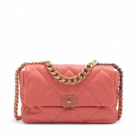 Chanel CHANEL 19 Large Lambskin 2 Way Shoulder Bag Orange Gold x Silver Metal Fi - Picture 1 of 12